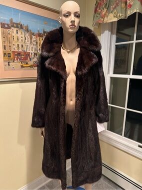 42" Long Ranch Black Brown Real Mink Fur Coat Medium Princess Swing